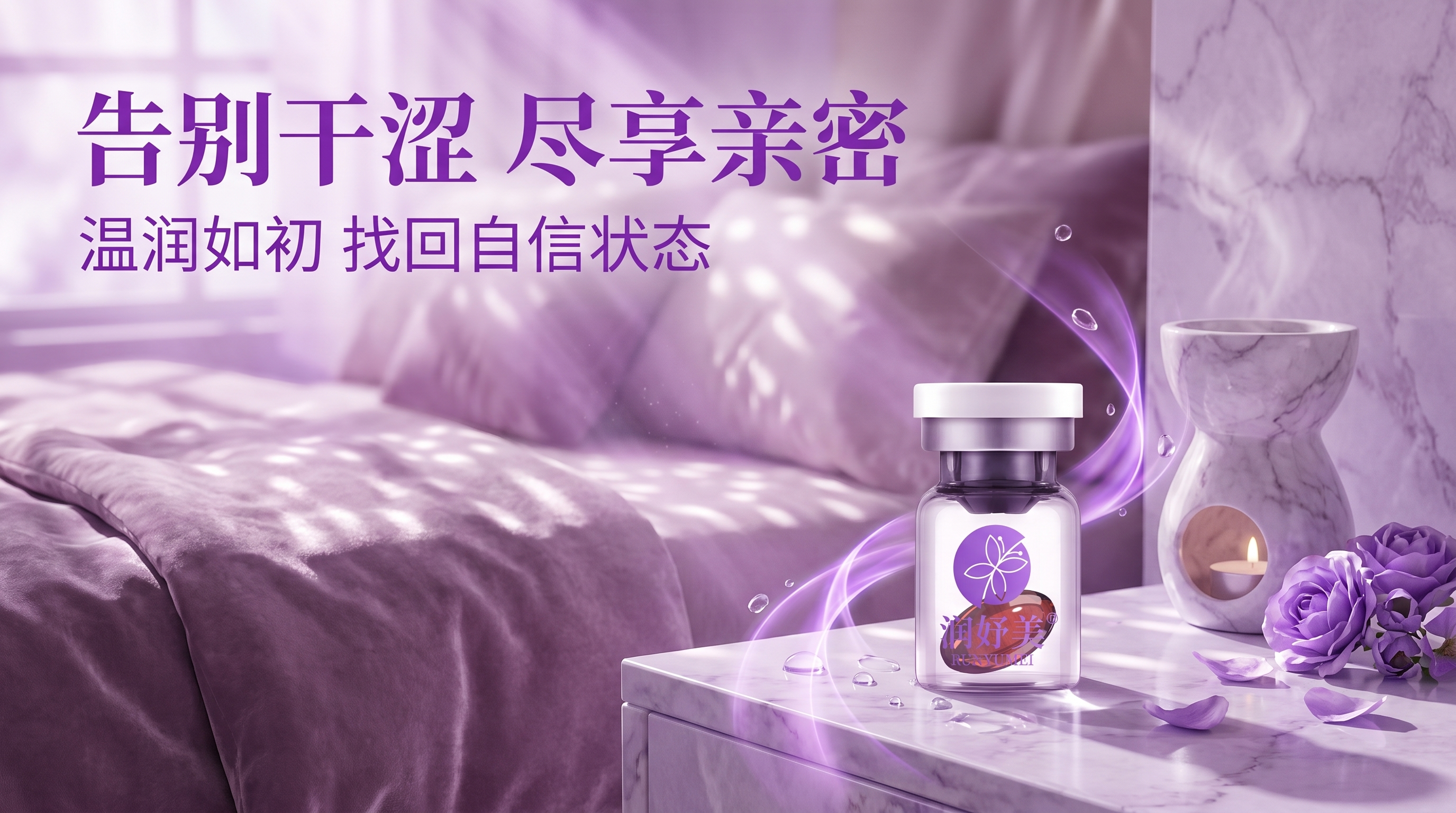 润妤美抑菌软凝胶礼盒与西林瓶 紫色大理石场景